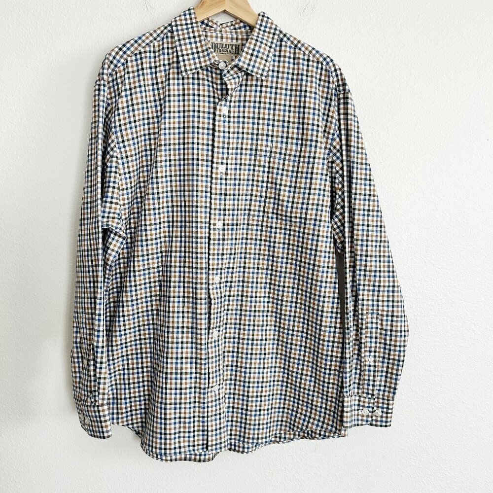 Duluth Trading Co Shirt Tan Green Blue Plaid Check Long Sleeve Button Down